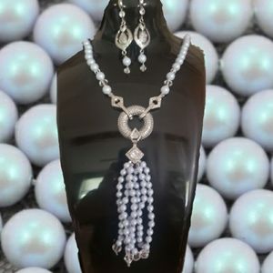 Iridescent light blue Swarovski pearl & crystal necklace & earrings set